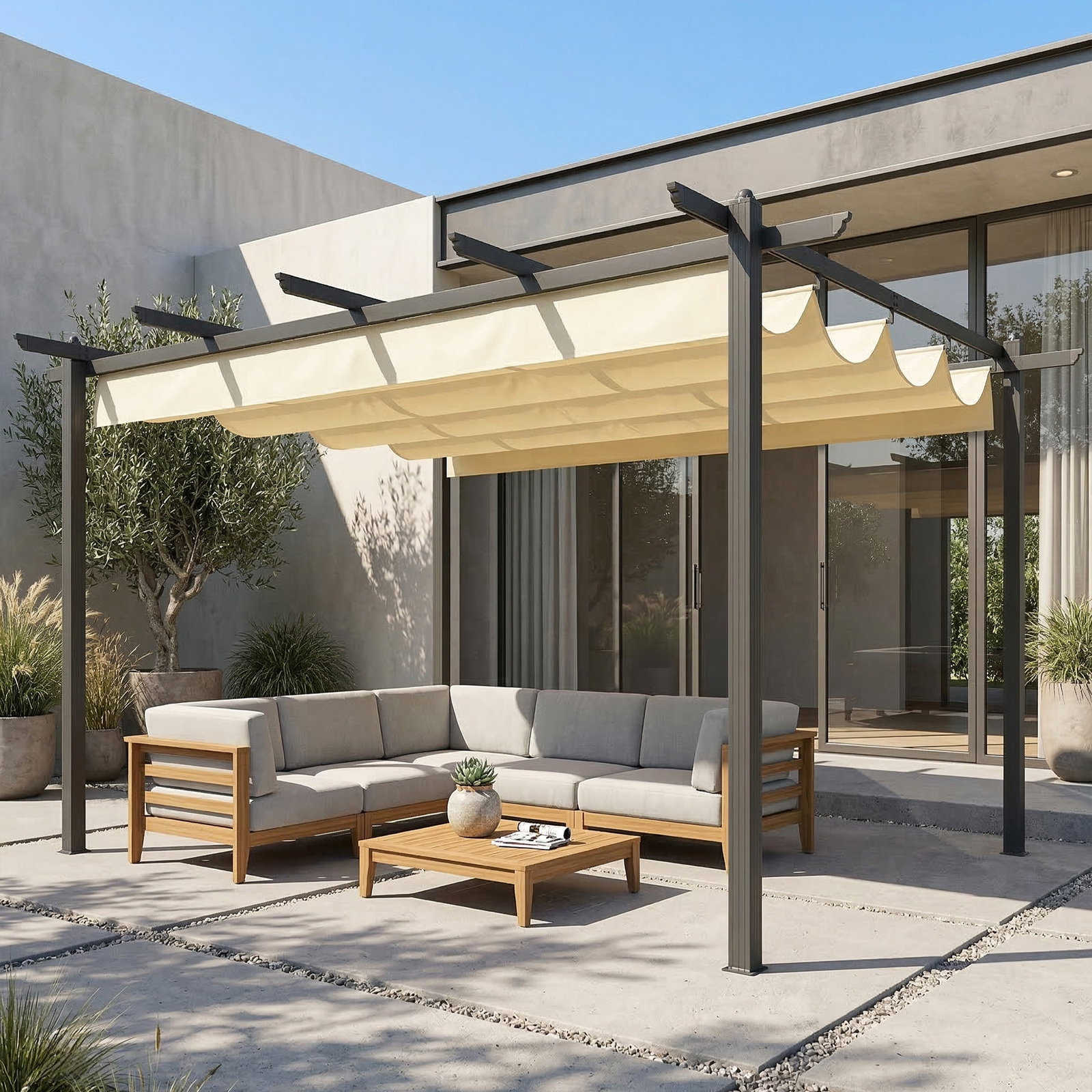 Pérgola de jardim 4x3 m com telhado retrátil estrutura de alumínio upf30+ orifícios de drenagem pérgola de exterior creme