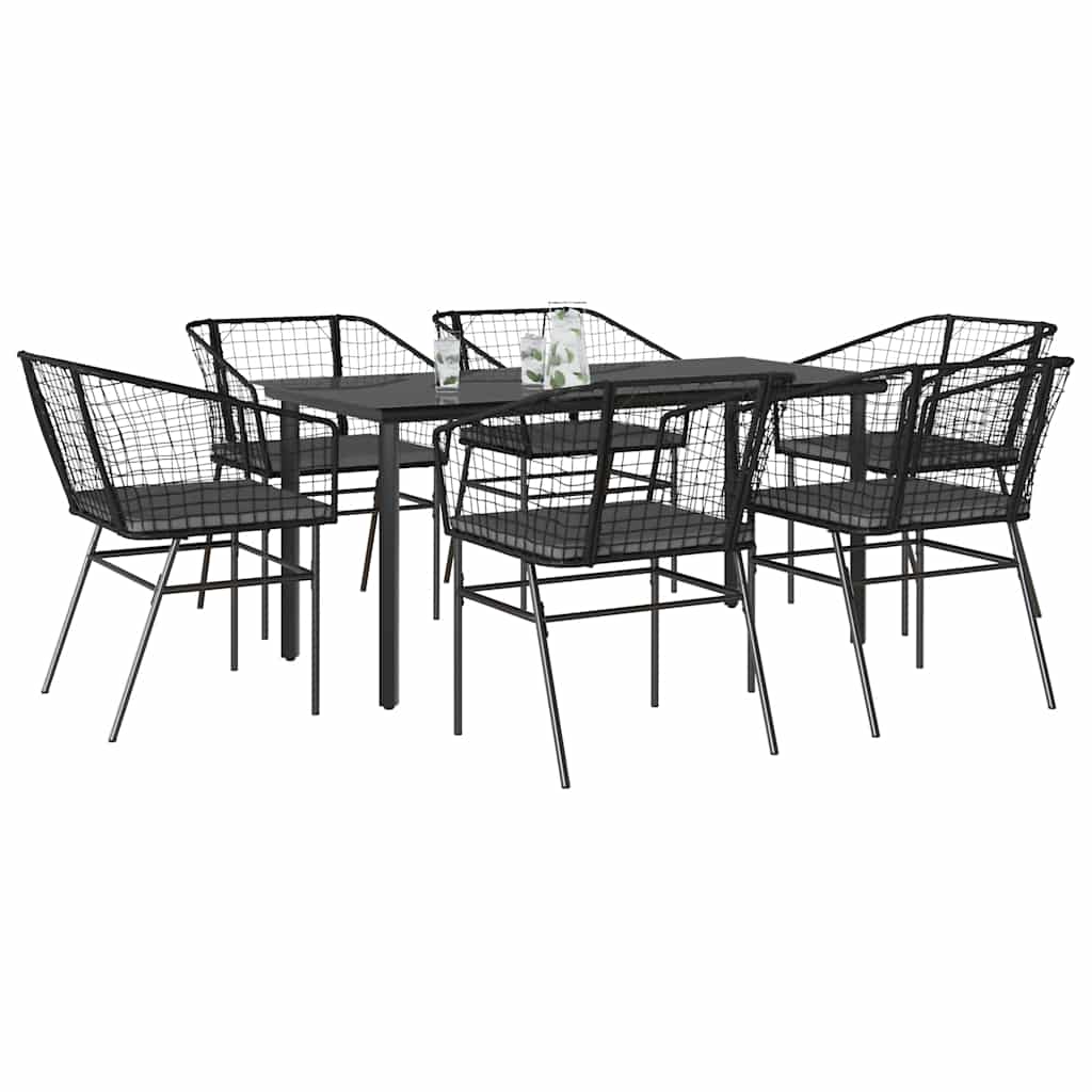 Conjunto de jantar jardim 7 peças almofadas vidro vime PE preto