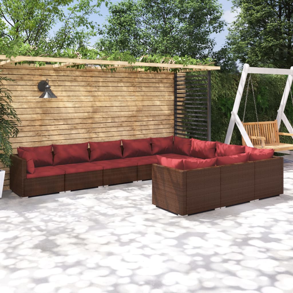 10 Pcs conjunto lounge jardim c/ almofadões vime PE castanho