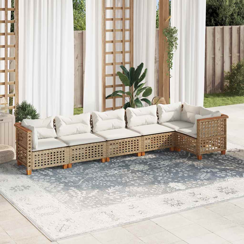 6 Pcs conjunto de sofás p/ jardim com almofadões vime PE bege