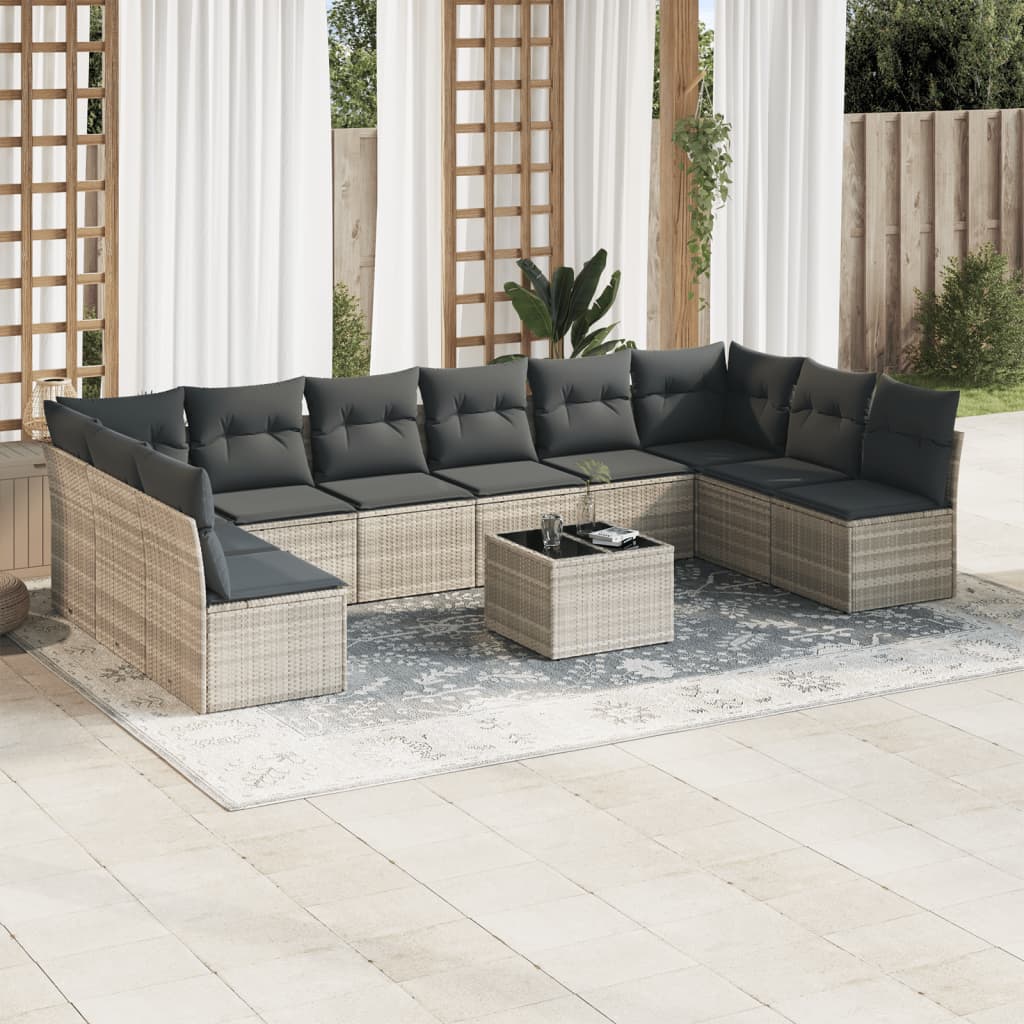 11 Pcs conjunto sofás de jardim c/ almofadões vime PE cinzento