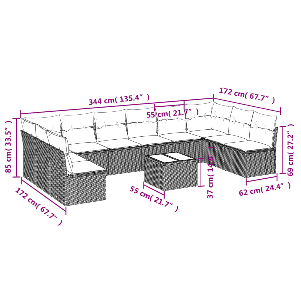 11 Pcs conjunto sofás de jardim c/ almofadões vime PE cinzento