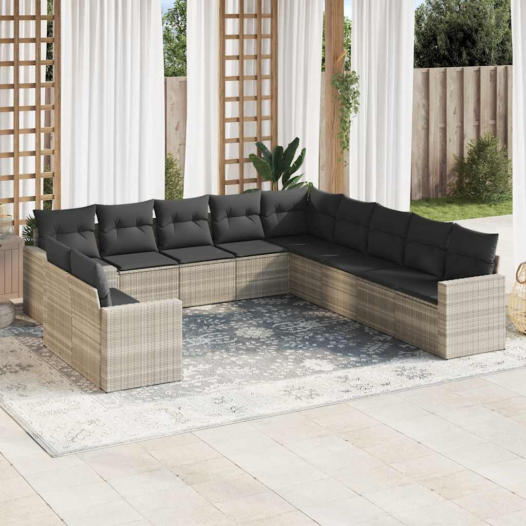 11 Pcs conjunto sofás de jardim c/ almofadões vime PE cinzento
