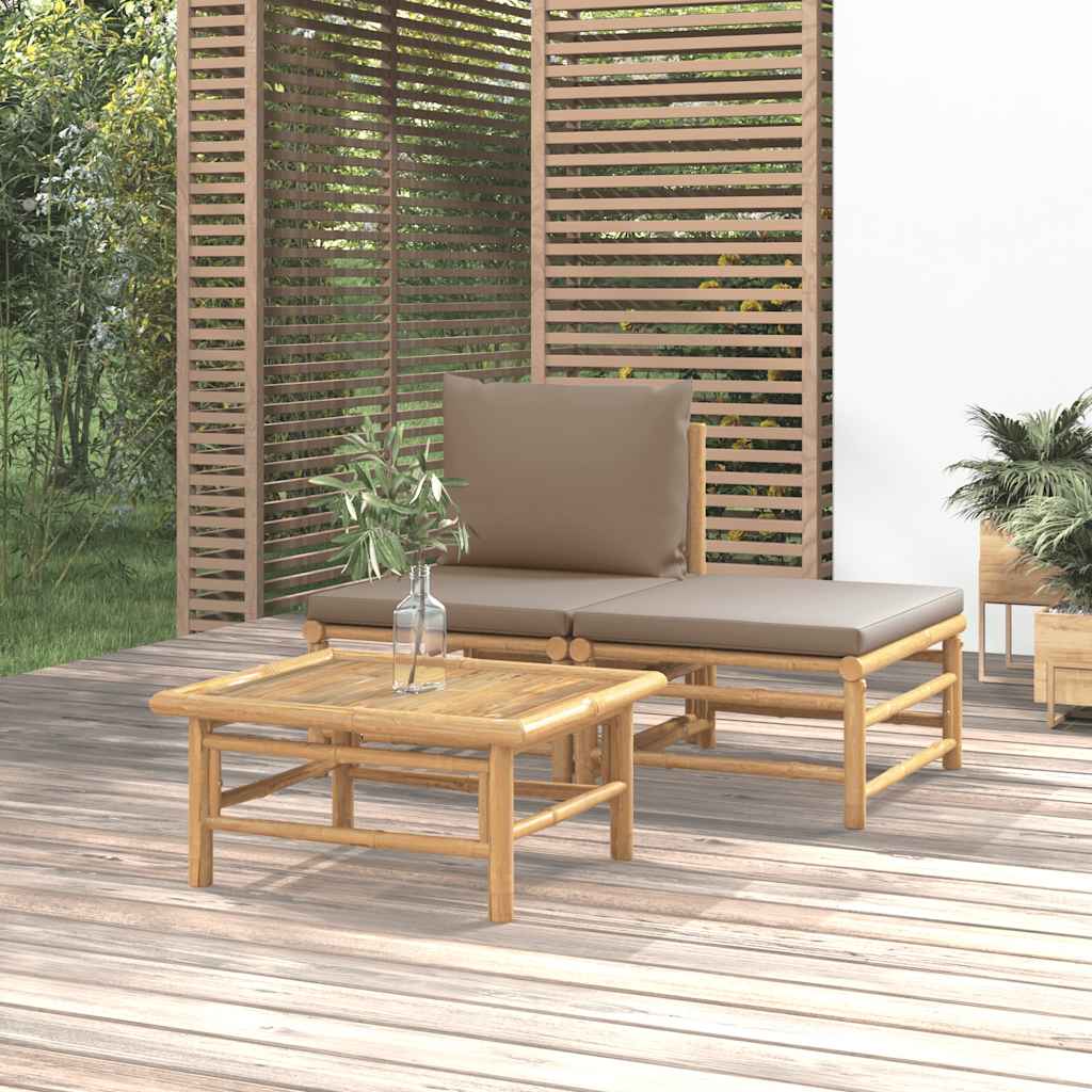 3 Pcs conj. lounge jardim bambu almofadões cinzento-acastanhado