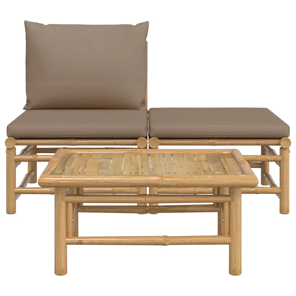 3 Pcs conj. lounge jardim bambu almofadões cinzento-acastanhado
