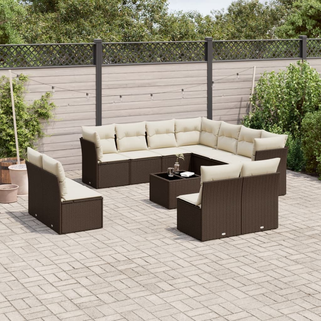 12 Pcs conjunto de sofás jardim com almofadões vime PE castanho