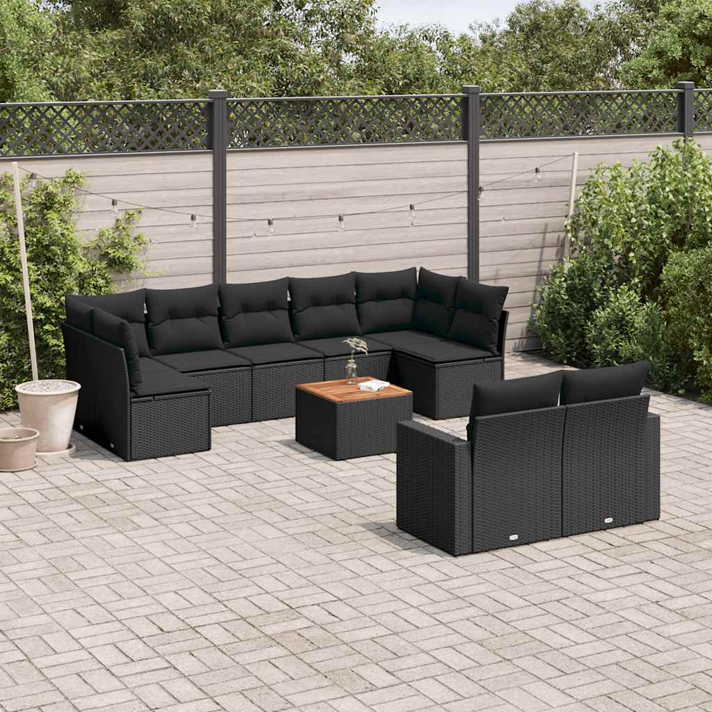 10 Pcs conjunto sofás de jardim c/ almofadões vime PE preto