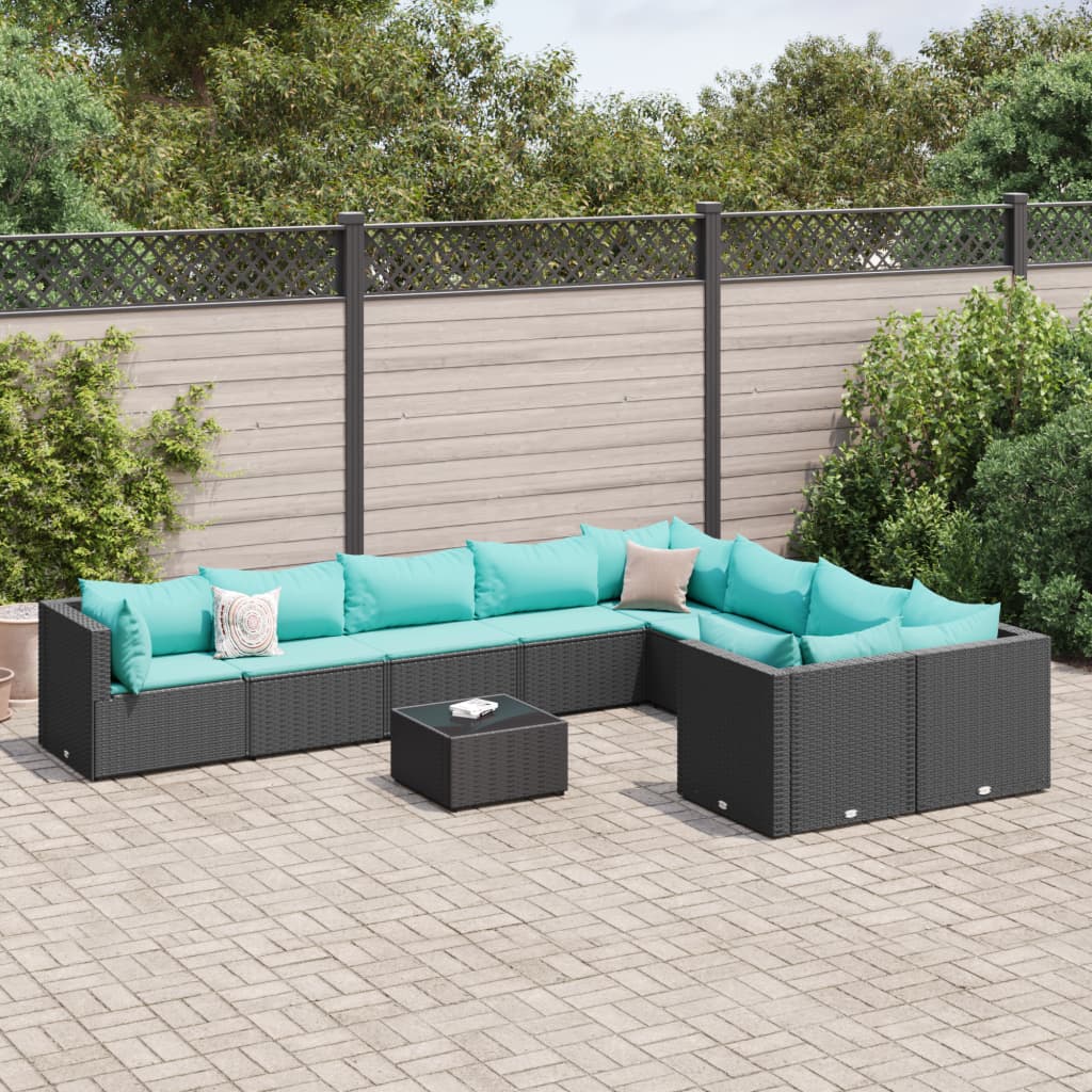 10 Pcs conjunto sofás de jardim c/ almofadões vime PE preto