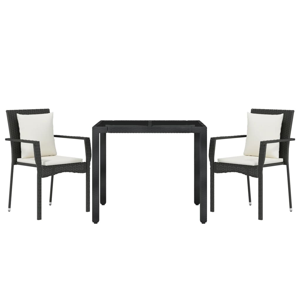 3 Pcs conjunto de jantar p/ jardim c/ almofadões vime PE preto
