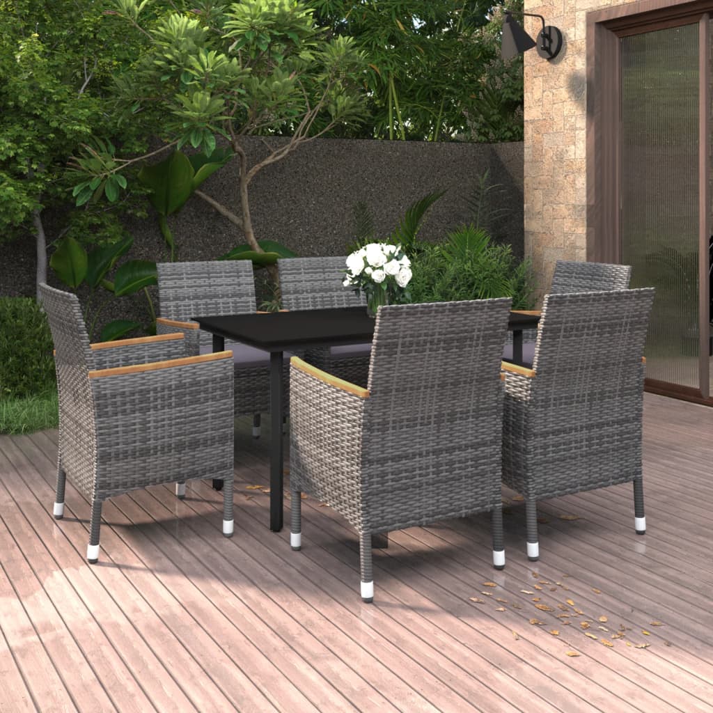 7 Pcs conjunto de jantar p/ jardim c/ almofadões vime PE/vidro