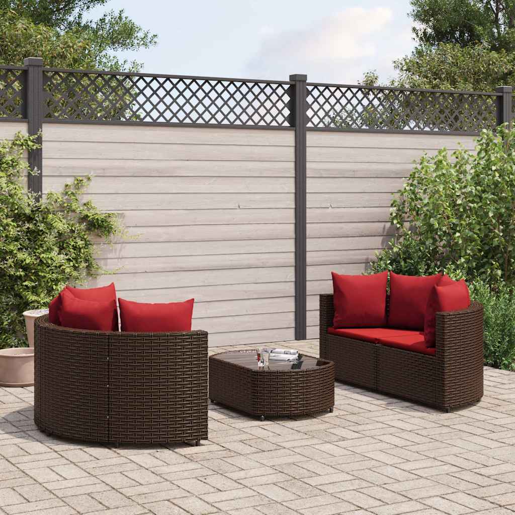 5 Pcs conjunto sofás p/ jardim c/ almofadões vime PE castanho
