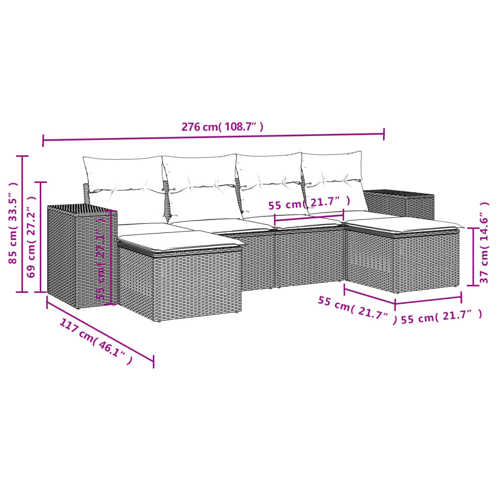 6 Pcs conjunto sofás de jardim c/ almofadões vime PE preto