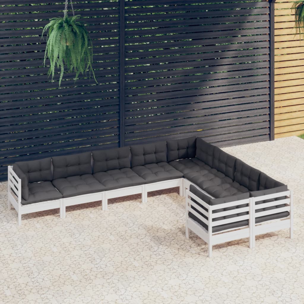 9 Pcs conjunto lounge de jardim c/ almofadões pinho branco