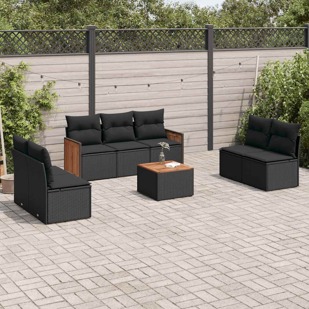 8 Pcs conjunto sofás de jardim com almofadões vime PE preto