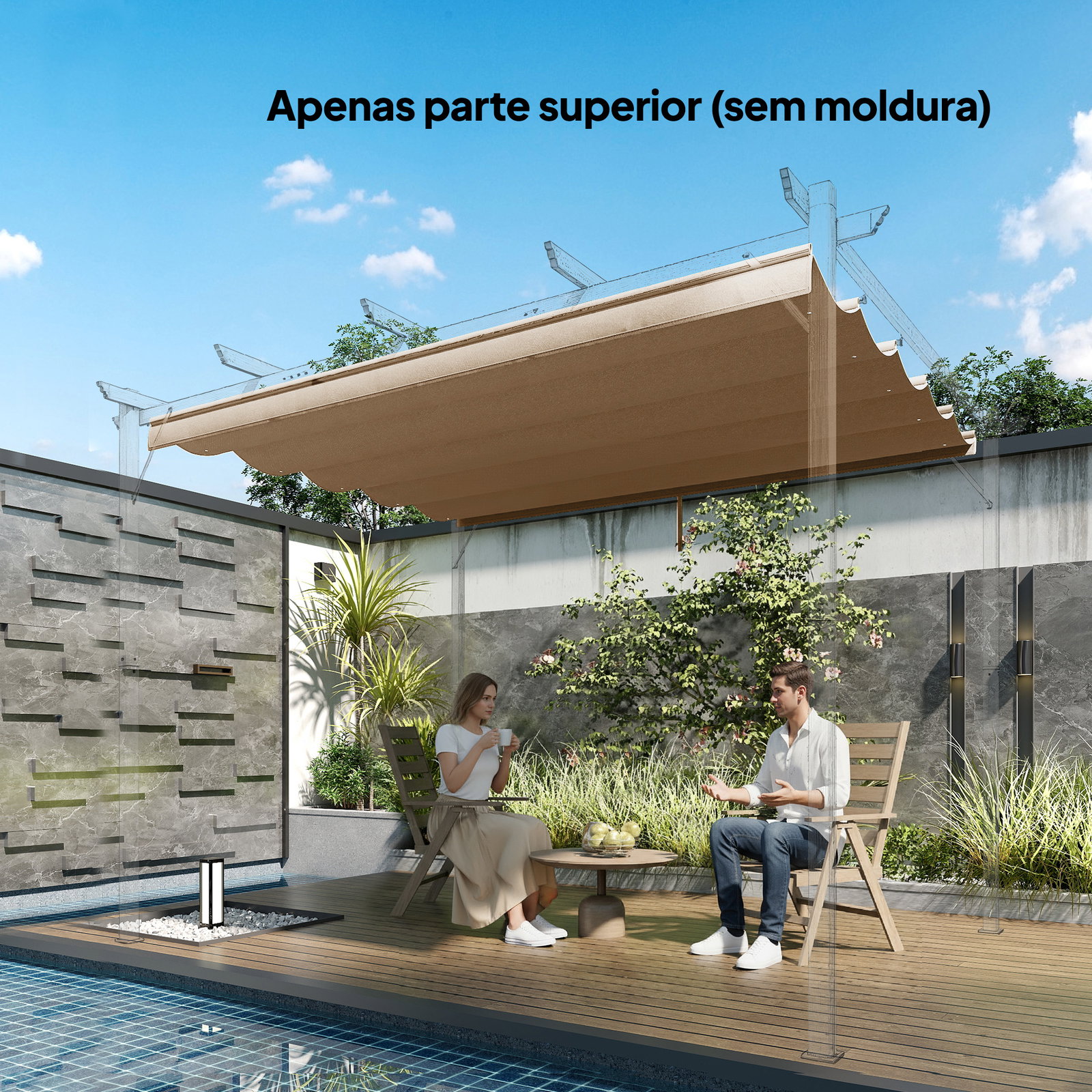 Cobertura para teto retrátil de 2,5x2,55 m para pérgola 3x3 tecido de substituição com 10 orifícios de drenagem castanho