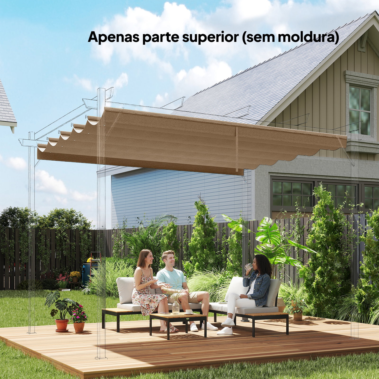 Cobertura para teto retrátil de 2,5x2,55 m para pérgola 3x3 tecido de substituição com 10 orifícios de drenagem castanho