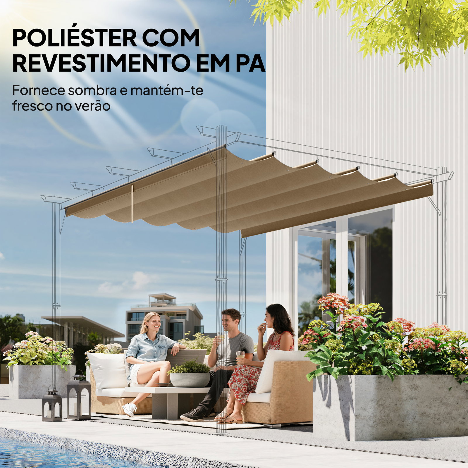Cobertura para teto retrátil de 2,5x2,55 m para pérgola 3x3 tecido de substituição com 10 orifícios de drenagem castanho