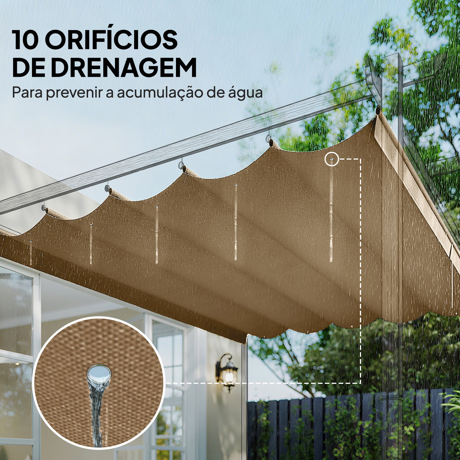 Cobertura para teto retrátil de 2,5x2,55 m para pérgola 3x3 tecido de substituição com 10 orifícios de drenagem castanho