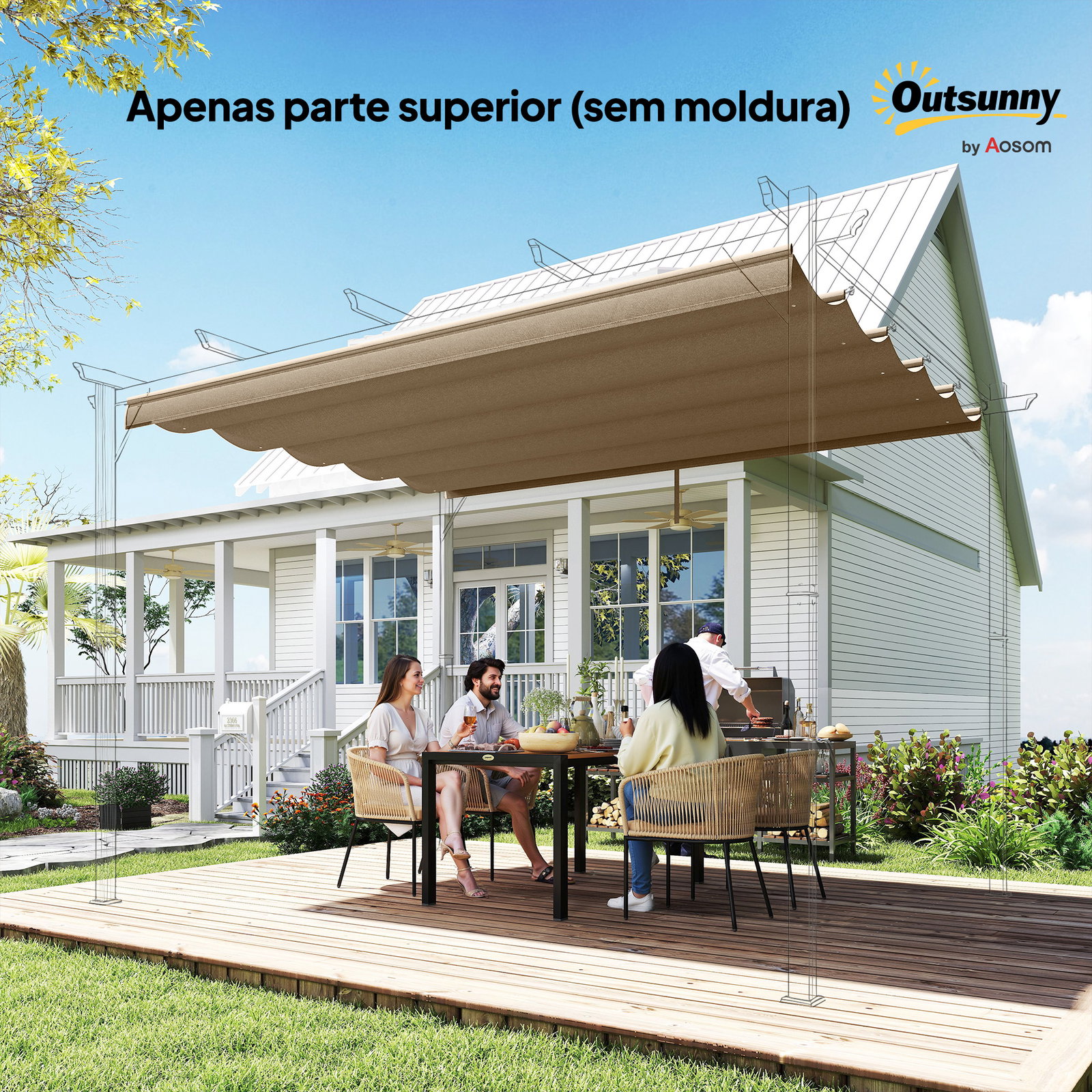 Cobertura para teto retrátil de 2,5x2,55 m para pérgola 3x3 tecido de substituição com 10 orifícios de drenagem castanho