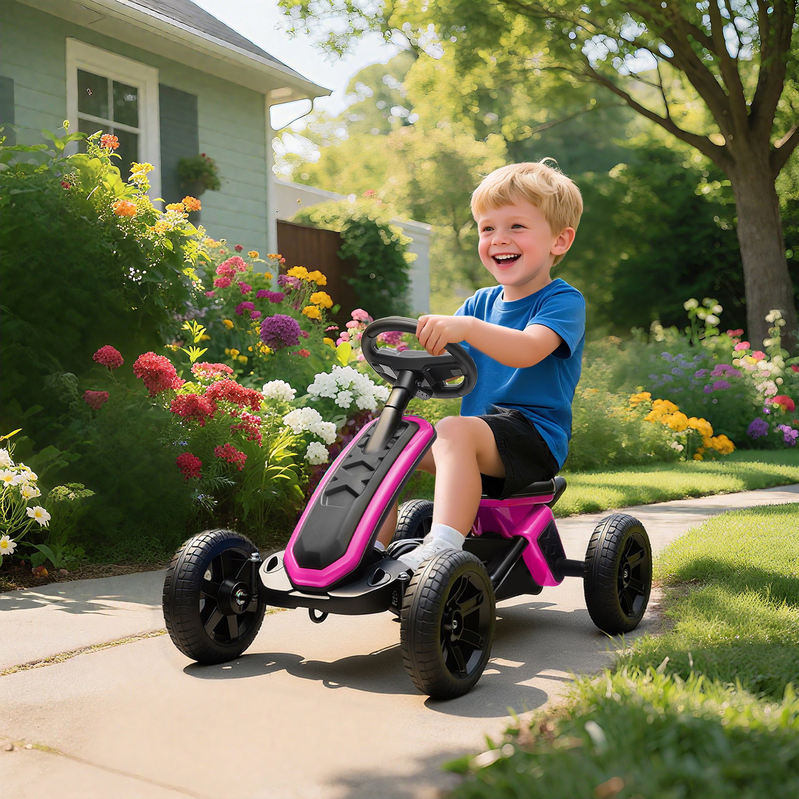 Kart pedais kart com rodas antiderrapantes de eva estrutura metálica carga 30 kg para crianças de 2-5 anos 85,5x49x57 cm rosa