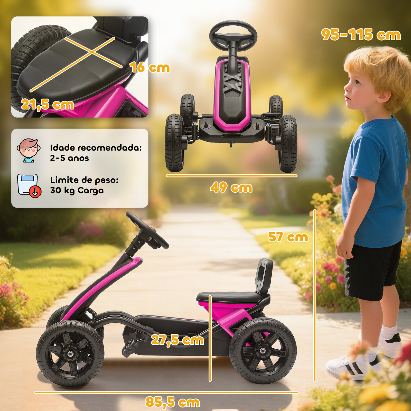 Kart pedais kart com rodas antiderrapantes de eva estrutura metálica carga 30 kg para crianças de 2-5 anos 85,5x49x57 cm rosa