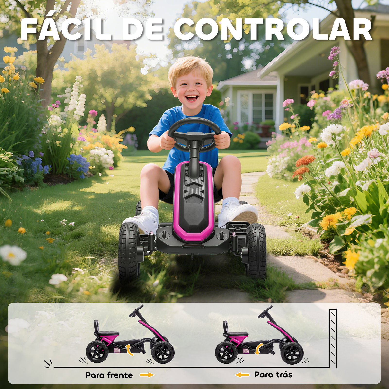 Kart pedais kart com rodas antiderrapantes de eva estrutura metálica carga 30 kg para crianças de 2-5 anos 85,5x49x57 cm rosa