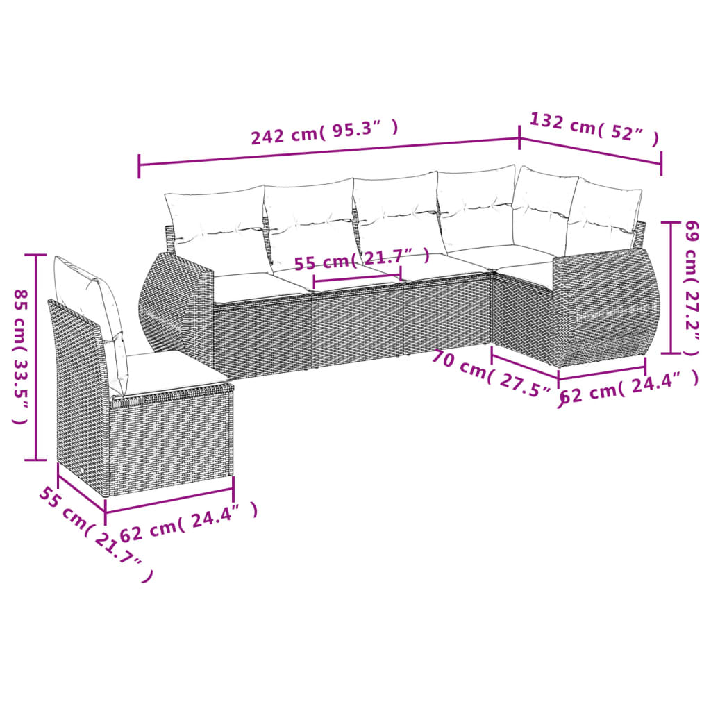 6 Pcs conjunto de sofás p/ jardim com almofadões vime PE bege