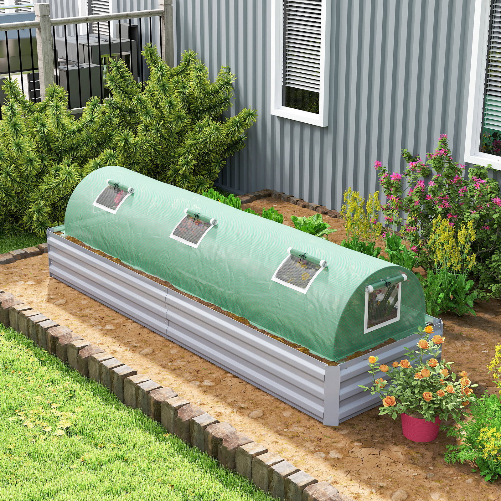 Estufa pequena para cultivo de plantas com 5 janelas estrutura em aço e cobertura de PE anti-UV 300x80x45 cm verde