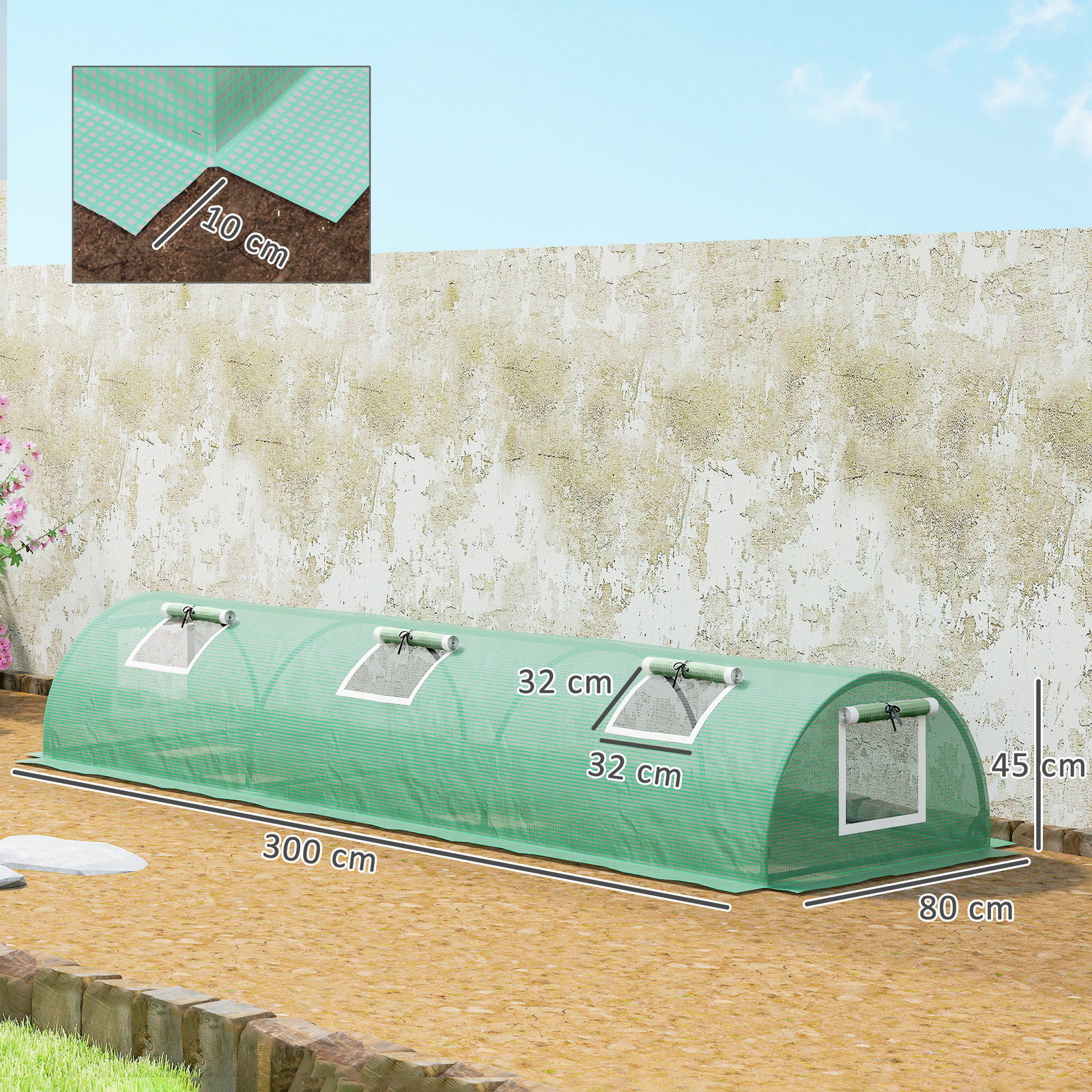 Estufa pequena para cultivo de plantas com 5 janelas estrutura em aço e cobertura de PE anti-UV 300x80x45 cm verde