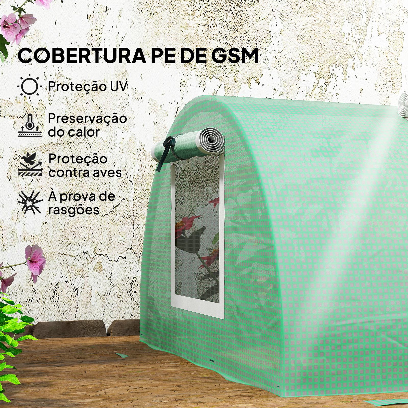 Estufa pequena para cultivo de plantas com 5 janelas estrutura em aço e cobertura de PE anti-UV 300x80x45 cm verde
