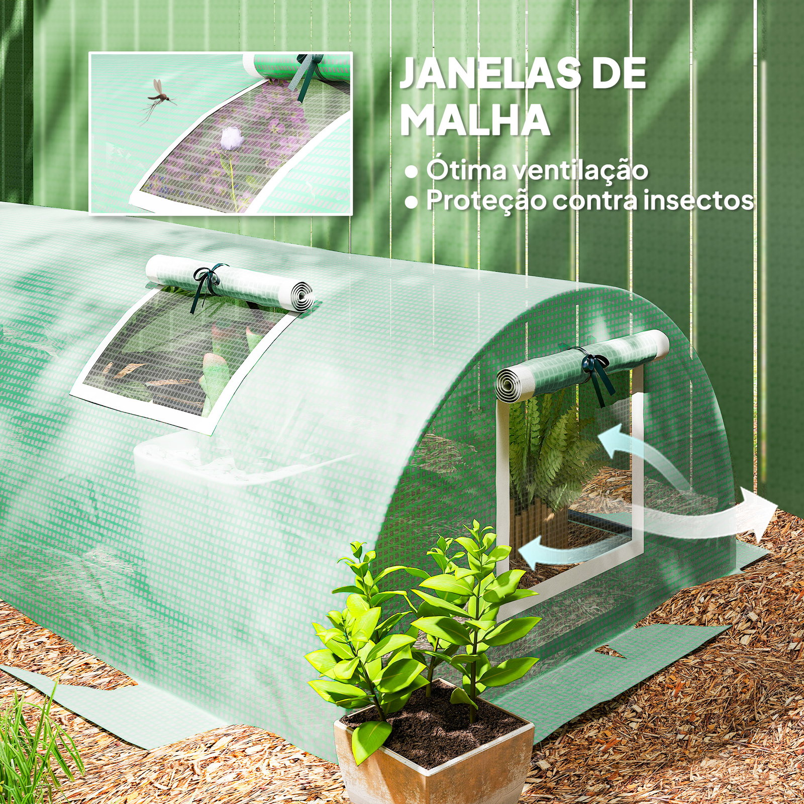 Estufa pequena para cultivo de plantas com 5 janelas estrutura em aço e cobertura de PE anti-UV 300x80x45 cm verde