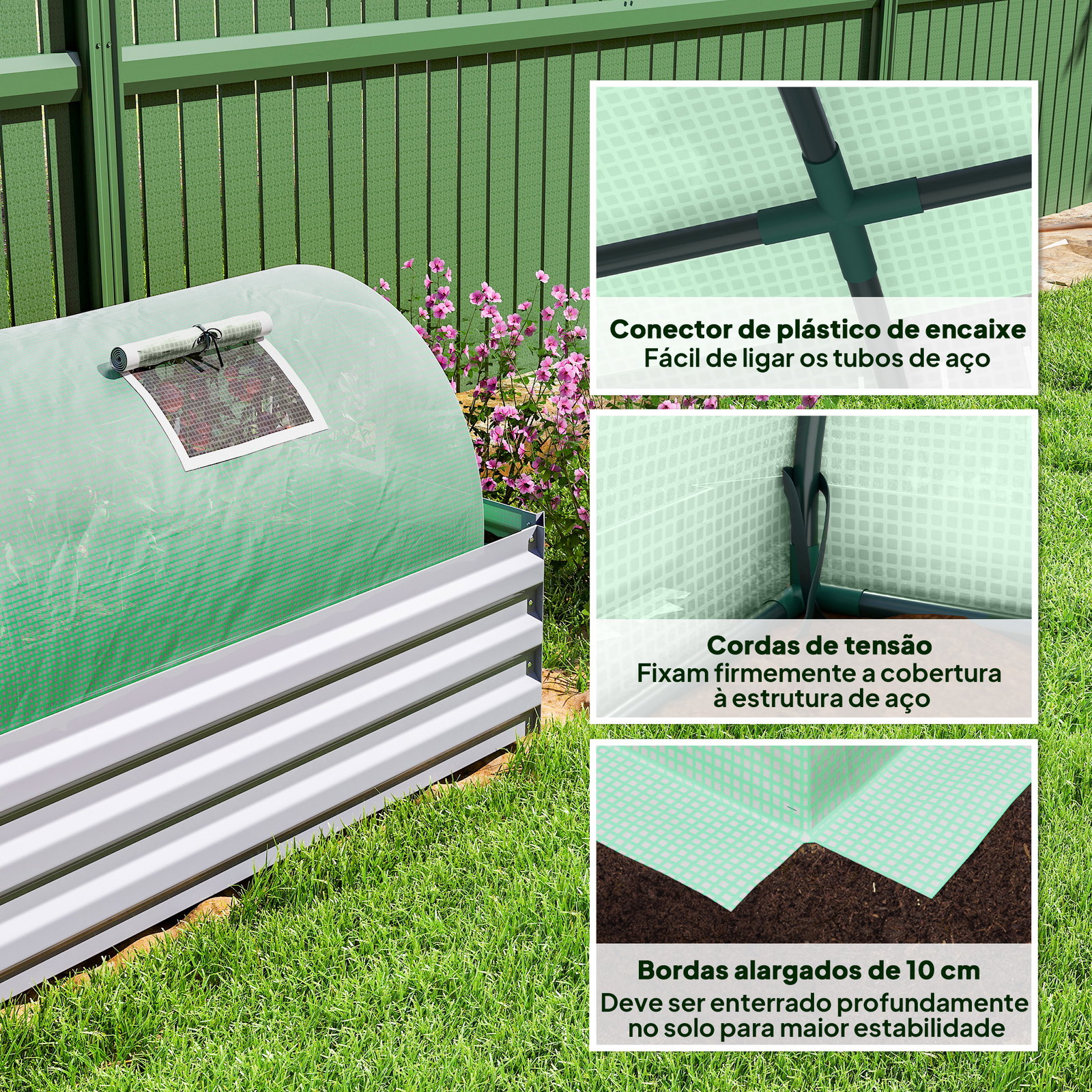 Estufa pequena para cultivo de plantas com 5 janelas estrutura em aço e cobertura de PE anti-UV 300x80x45 cm verde