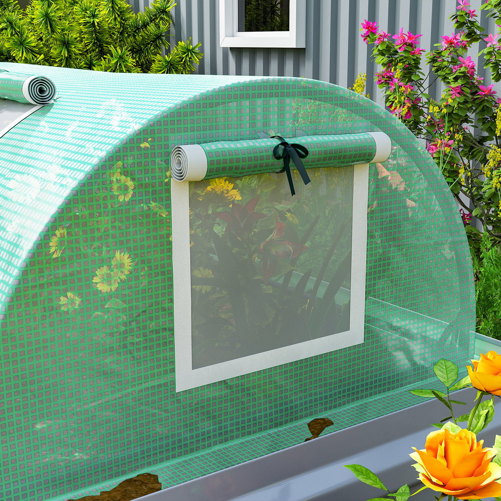 Estufa pequena para cultivo de plantas com 5 janelas estrutura em aço e cobertura de PE anti-UV 300x80x45 cm verde