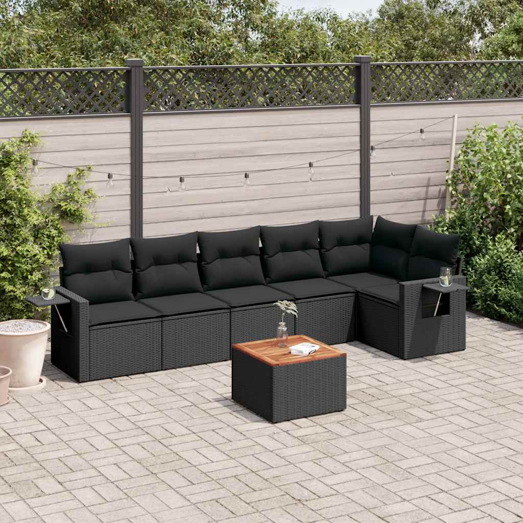7 Pcs conjunto de sofás p/ jardim c/ almofadões vime PE preto