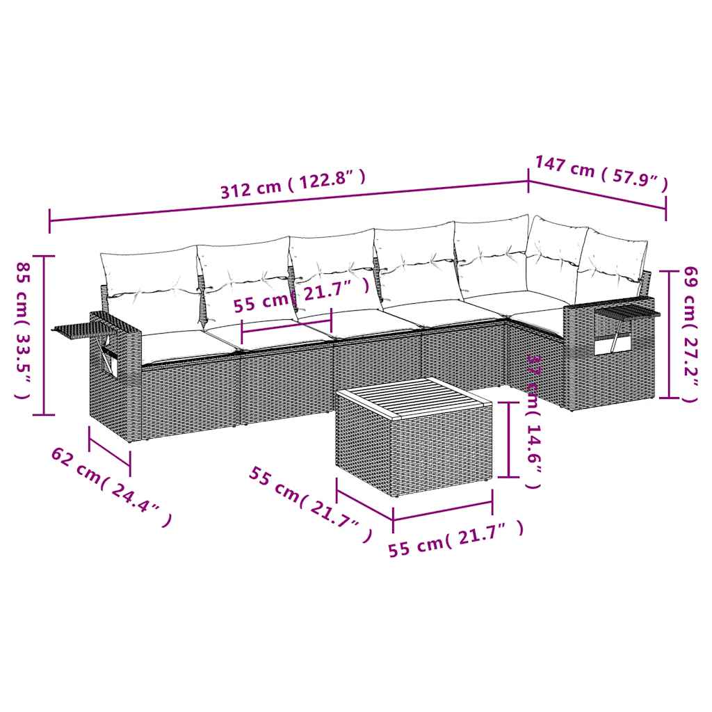 7 Pcs conjunto de sofás p/ jardim c/ almofadões vime PE preto