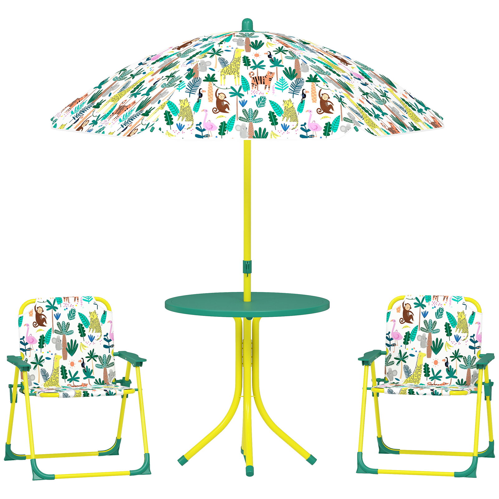 Conjunto infantil de mesa e cadeiras de jardim de 4 peças cadeiras dobráveis chapéu de sol desmontável design de selva verde
