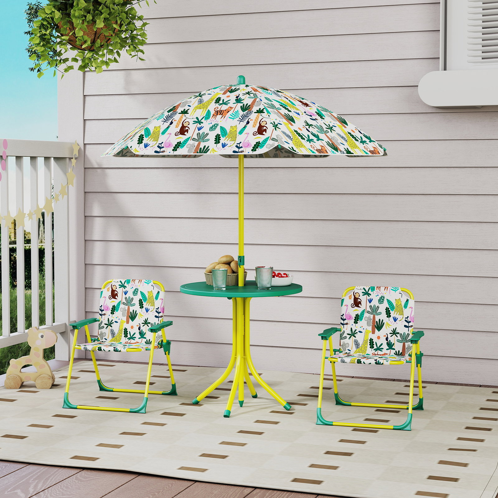 Conjunto infantil de mesa e cadeiras de jardim de 4 peças cadeiras dobráveis chapéu de sol desmontável design de selva verde