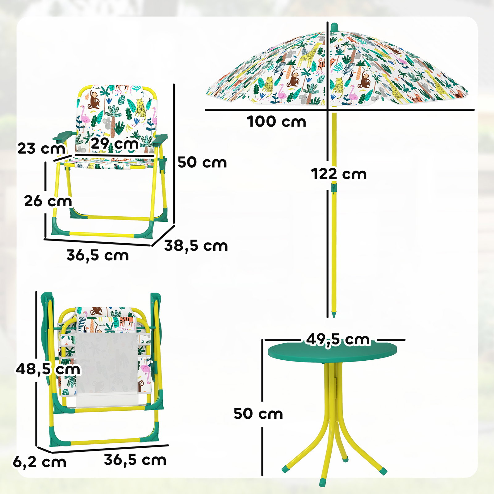 Conjunto infantil de mesa e cadeiras de jardim de 4 peças cadeiras dobráveis chapéu de sol desmontável design de selva verde