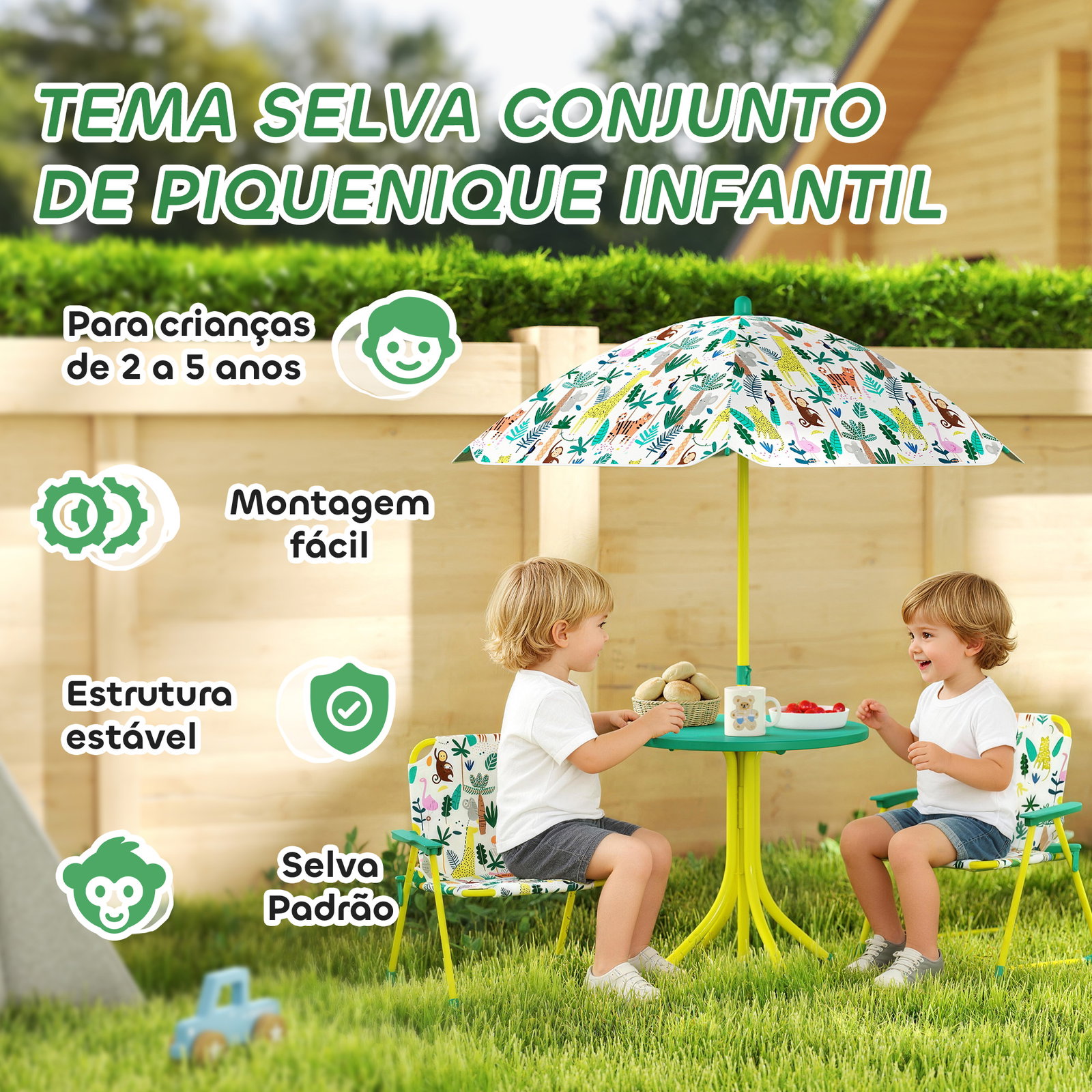 Conjunto infantil de mesa e cadeiras de jardim de 4 peças cadeiras dobráveis chapéu de sol desmontável design de selva verde