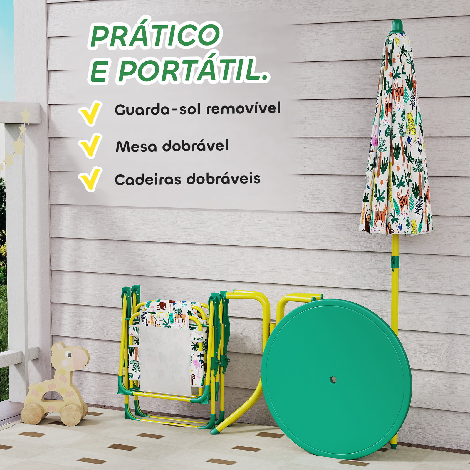 Conjunto infantil de mesa e cadeiras de jardim de 4 peças cadeiras dobráveis chapéu de sol desmontável design de selva verde