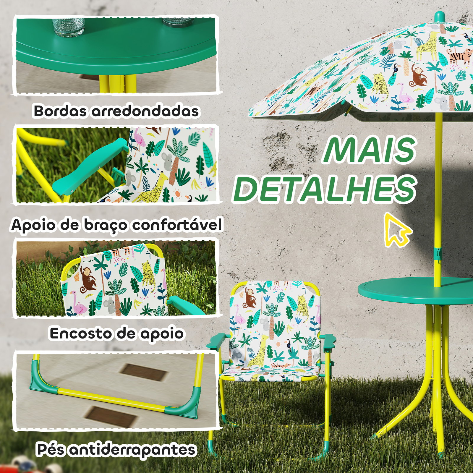 Conjunto infantil de mesa e cadeiras de jardim de 4 peças cadeiras dobráveis chapéu de sol desmontável design de selva verde