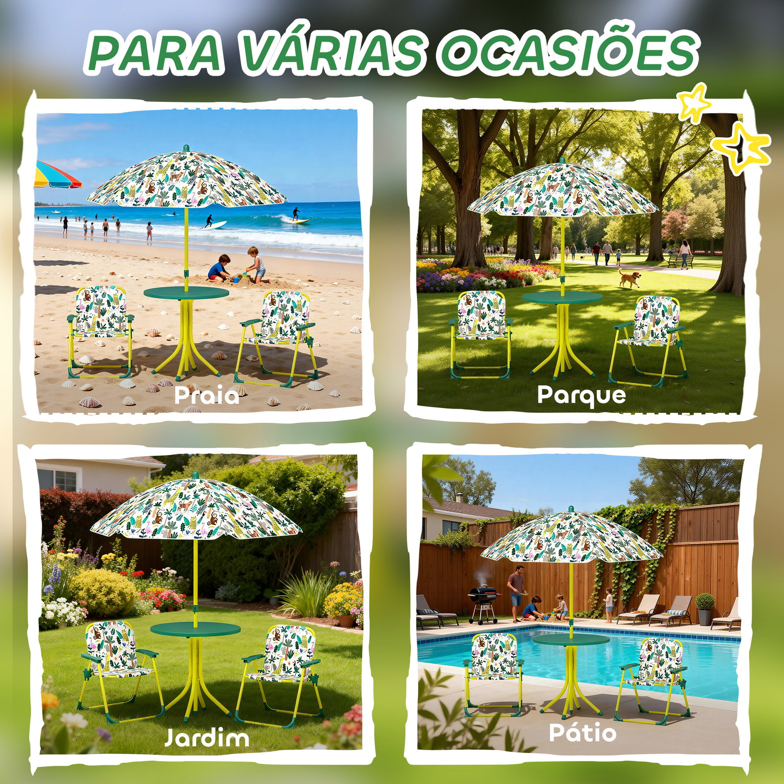 Conjunto infantil de mesa e cadeiras de jardim de 4 peças cadeiras dobráveis chapéu de sol desmontável design de selva verde