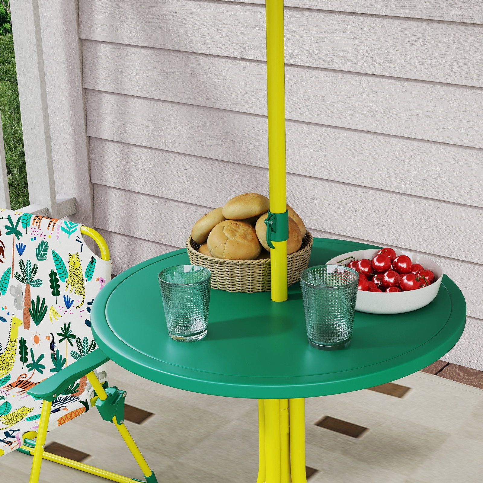 Conjunto infantil de mesa e cadeiras de jardim de 4 peças cadeiras dobráveis chapéu de sol desmontável design de selva verde