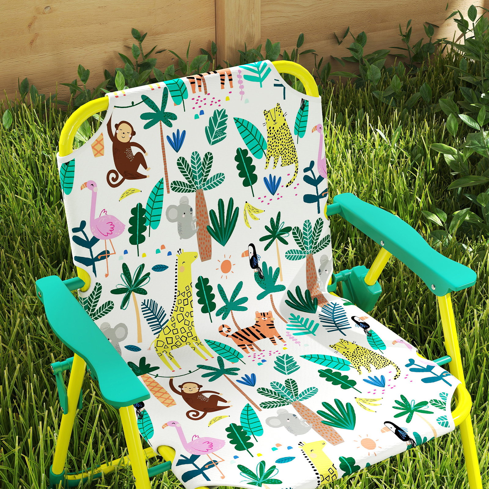 Conjunto infantil de mesa e cadeiras de jardim de 4 peças cadeiras dobráveis chapéu de sol desmontável design de selva verde