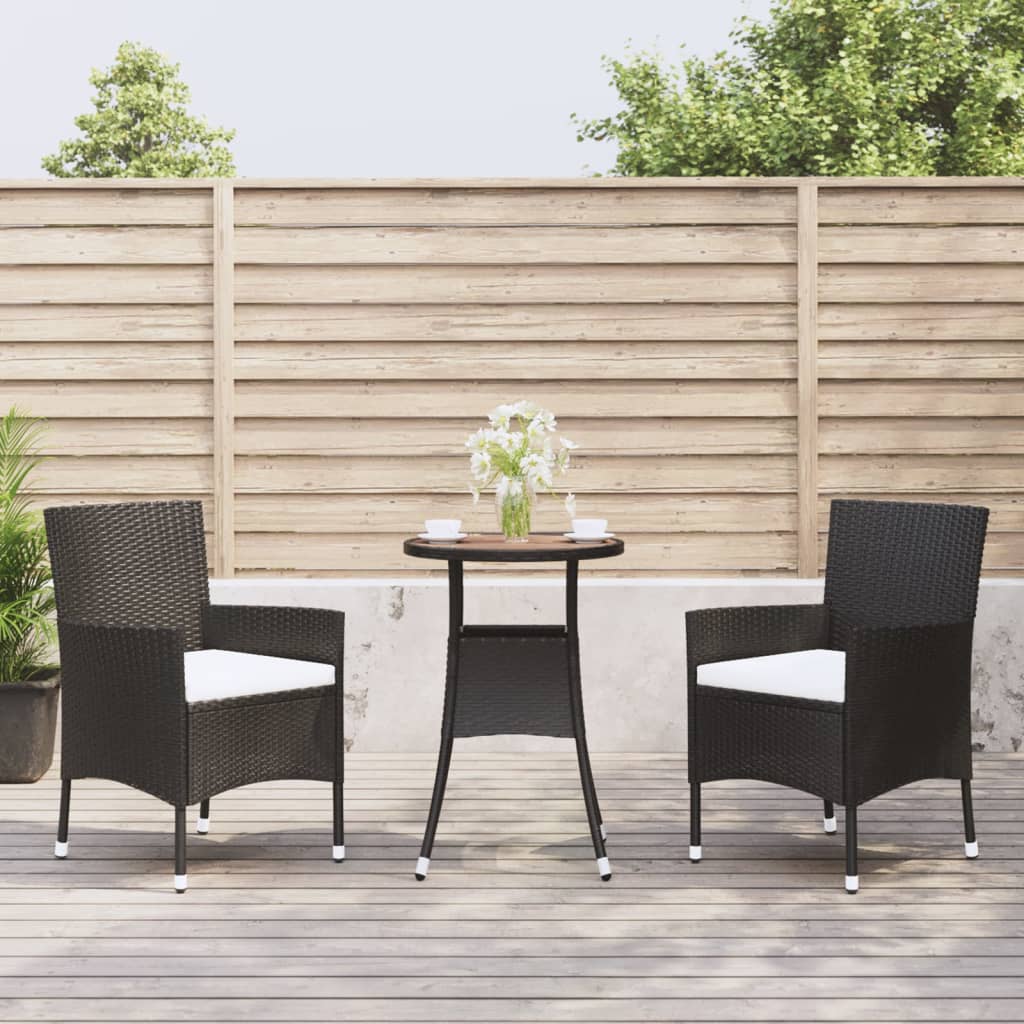 3 Pcs conjunto bistrô de jardim c/ almofadões vime PE preto