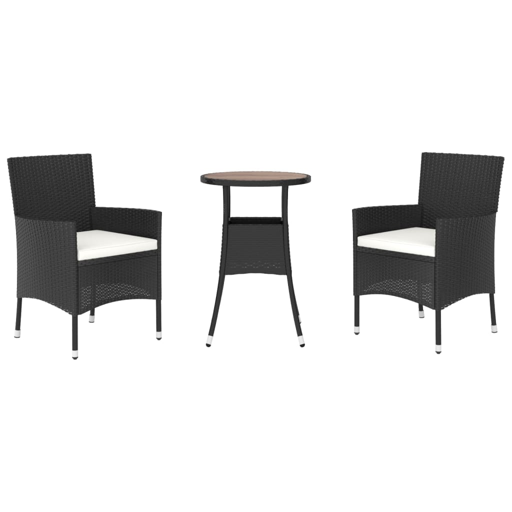 3 Pcs conjunto bistrô de jardim c/ almofadões vime PE preto