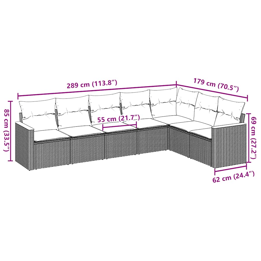 7 Pcs conjunto de sofás p/ jardim c/ almofadões vime PE preto