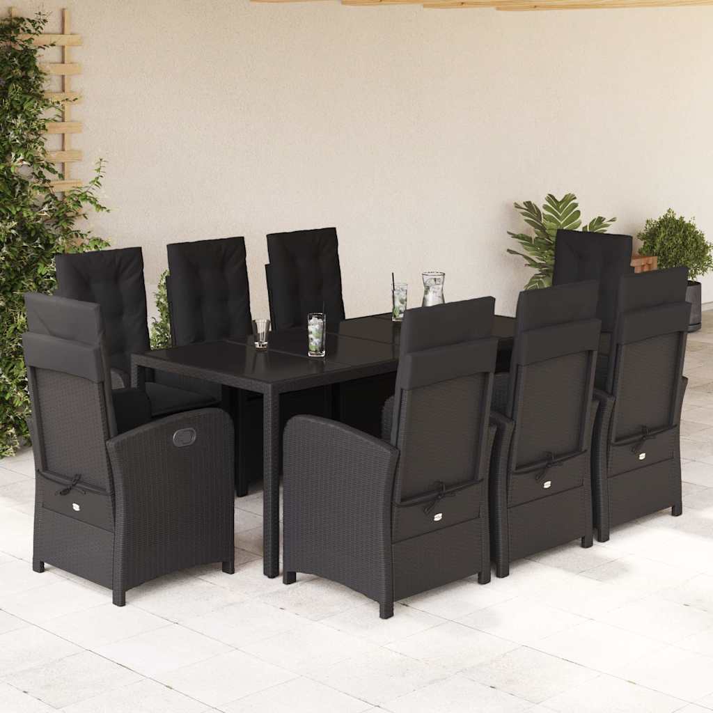 9 Pcs conjunto de jantar p/ jardim c/ almofadões vime PE preto