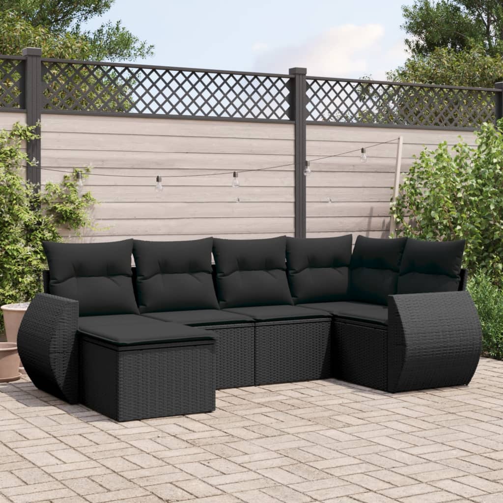 6 Pcs conjunto sofás de jardim c/ almofadões vime PE preto