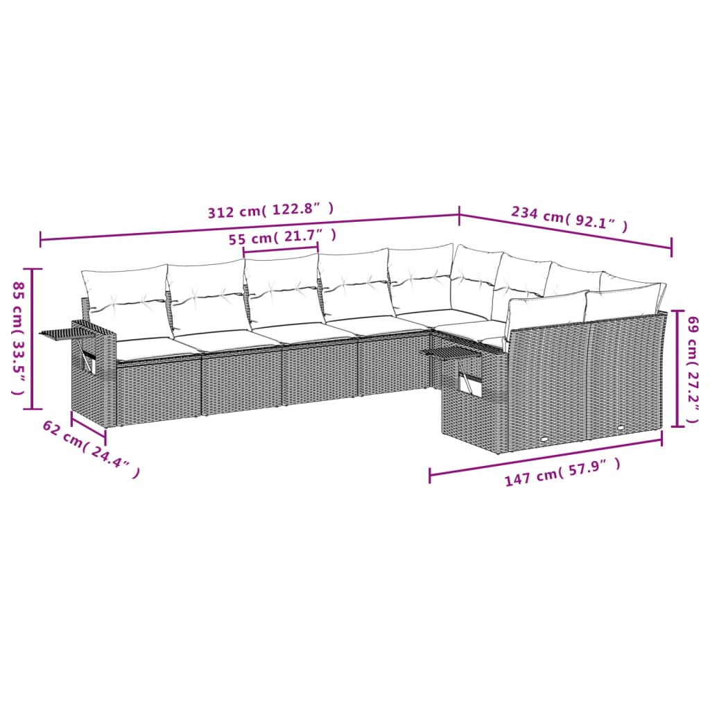 9 Pcs conjunto sofás p/ jardim c/ almofadões vime PE castanho